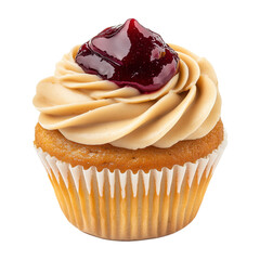 Vanilla cupcake topped with creamy swirl frosting and berry jam, isolated on white transparent background, concept of dessert.