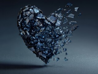 Shattered heart of fragile glass breaking into pieces