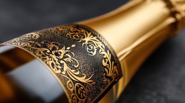 Elegant Champagne Bottle Detail - Close-up of a gold champagne bottle with an ornate black and gold label. Luxury, celebration, sophistication