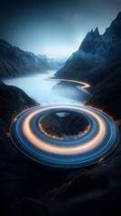 Winding mountain road with a circular light trail