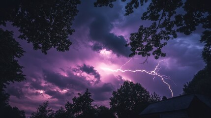Fototapeta premium Dramatic lightning strikes through purple storm clouds in a captivating night sky