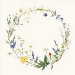 Fototapeta premium Wildflower wreath, summer meadow, nature, card design