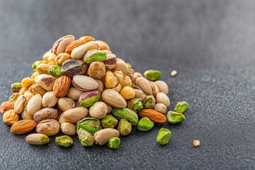 Variety of mixed nuts and seeds displayed on a textured surface in a close-up view