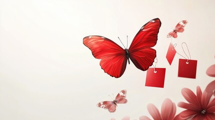 Floating red butterfly with discount tags, soft colors, white background, festive sale atmosphere.