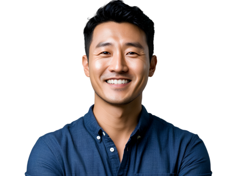  A 30-year-old handsome and charming Korean actor, smiling against a white background in a transparent PNG forma