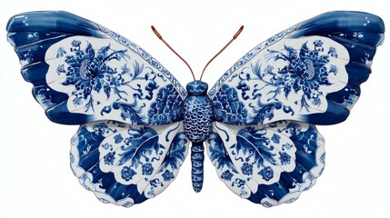 Blue and white porcelain butterfly with intricate floral design