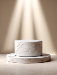 Elegant Marble Display Platform - A two-tiered marble display platform, illuminated by soft light, ideal for showcasing products or artwork. Clean and modern aesthetic