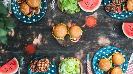 Summer Feast: Overhead shot showcasing a colorful summer spread featuring fresh burgers, refreshing watermelon slices, and other treats arranged artistically on a wooden table.
