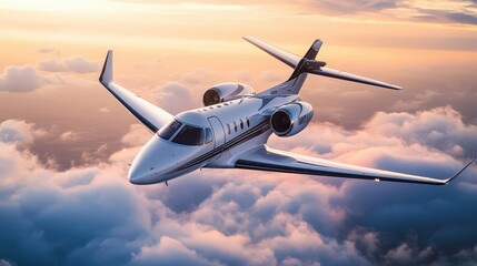 Obraz premium Luxury Jet Flying Above Clouds During Sunset - A Perfect Travel Experience