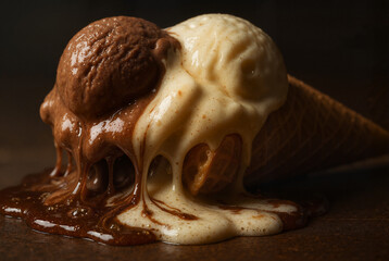 Melting ice cream cone with chocolate and vanilla flavors, indulgent dessert, close-up