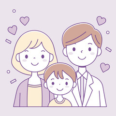 Happy cartoon family illustration with smiling mother, father, boy, girl, and baby showing love and fun in their childhood