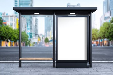 Empty Bus Stop Signboard For Advertisement - Modern bus stop with blank billboard, city background, advertising space, urban transportation, public transport