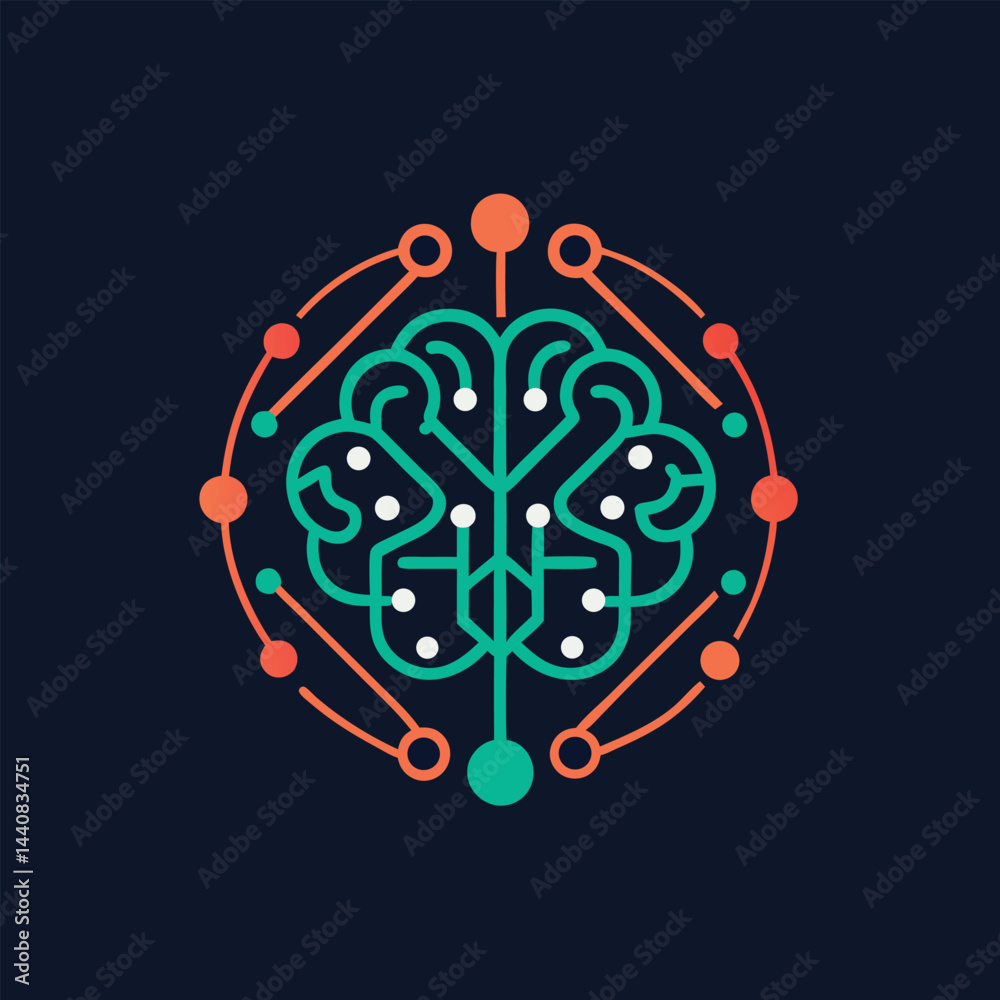 Poster minimalist logo design for brain computer interface technology featuring abstract brain and circuitr