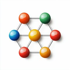 Obraz premium A geometric structure of colorful, glossy spheres connected by silver rods forming a hexagonal pattern on a white background.