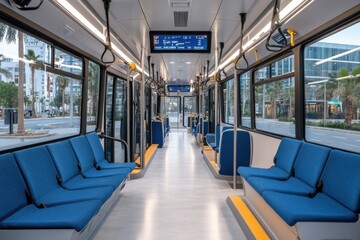 Fototapeta premium Modern public transit interior showcases clean design and comfortable seating in an urban environment during daylight hours