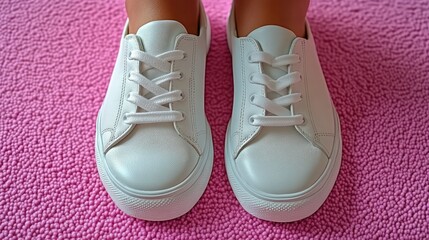 Pair of white sneakers on pink carpet
