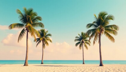 Fototapeta premium Row of palm trees, minimalist retro beach scene, simple, line, vintage