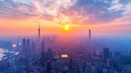 Obraz premium Panoramic sunrise over a modern metropolis