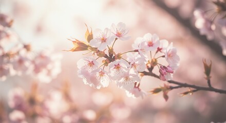 Obraz premium Blooming Cherry Blossoms on Branch in Spring Sunlight