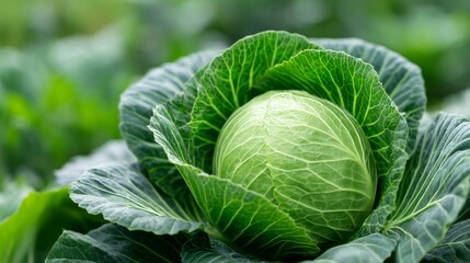 Fototapeta premium Fresh Green Cabbage in Garden - A single, vibrant green cabbage nestled amongst its leaves, showcasing its freshness and healthy appearance. Grown organically