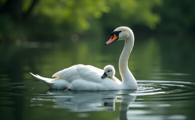 Obraz premium Illustration of Exquisite 3D Glass Swan Carrying Baby Cygnets Generative AI
