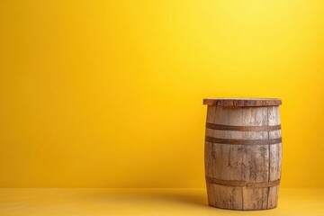 Rustic wooden barrel stands against vibrant yellow background in minimalist setup ideal for various design projects