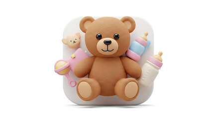 Charming 3D render of a plush teddy bear surrounded by baby accessories