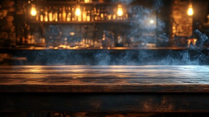 Rustic wooden bar top with blurred, dimly lit bar background