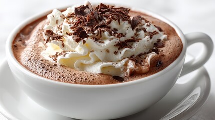 a close-up of a steaming cup of hot chocolate topped with whipped cream and chocolate shavings on a white isolated background, rich and comforting design