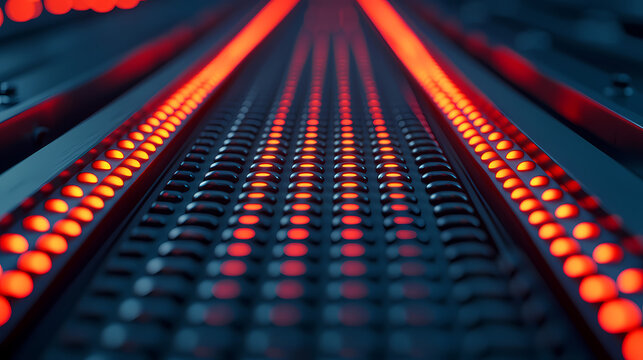 A futuristic close-up of glowing red LED lights arranged in parallel lines, creating a high-tech, digital atmosphere.