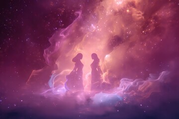 Fototapeta premium Two figures silhouetted against a stunning cosmic backdrop of swirling colors, evoking a sense of wonder and mystery