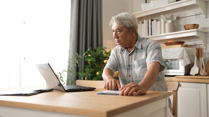 Senior man with casual cloth working on laptop while sitting at home. Elder businessman writing report and looking at financial data while making decision for investment in start up project. Myrmidon.