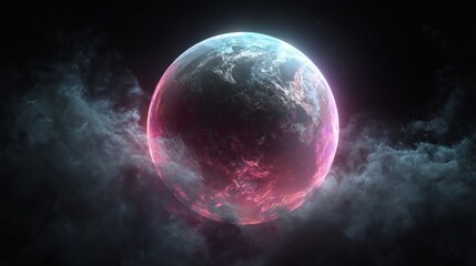 Naklejka premium An artist's vision of an alien planet with a bright atmosphere. A beautiful, glowing planet floats in the vastness of space with ethereal clouds surrounding it.