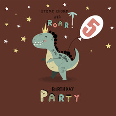 Obraz premium Cute dinosaur in crown. Number 5. Birthday invitation. Or children's event. Vector cute baby dinosaur.