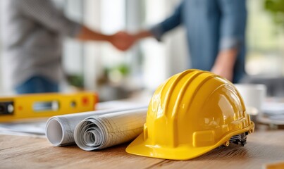 Construction plans, handshake, safety. Teamwork and collaboration in the building industry