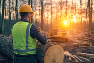 Logger observes sunset over the forest during timber harvesting operation near logging site