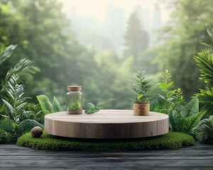 Wooden podium with lush greenery