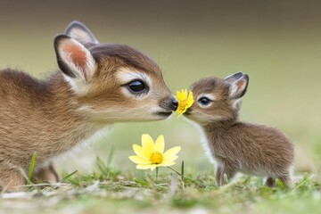 Obraz premium Two adorable baby deer near a bright yellow flower.