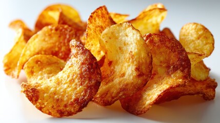 a close-up of a crispy, golden-fried potato chip on a white isolated background, crunchy and delicious design