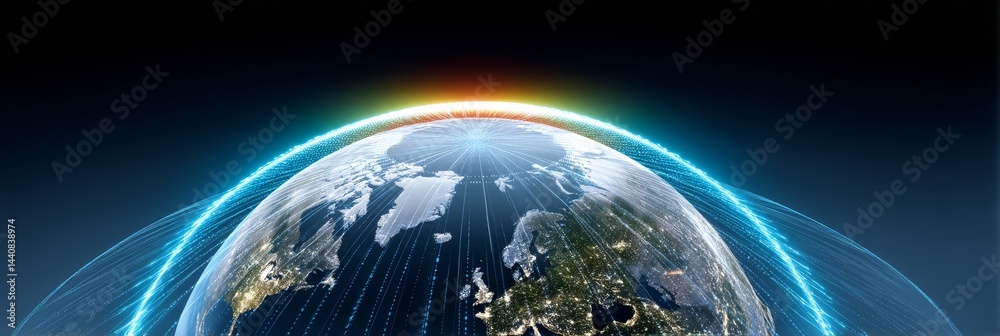 Poster global network connection - illuminated earth globe with data streams, showcasing global connectivit