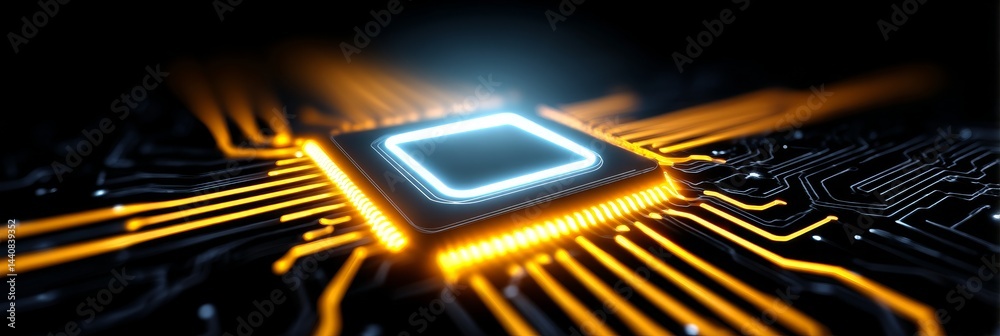 Poster glowing circuit board processor - close-up of a glowing central processing unit on a circuit board, 