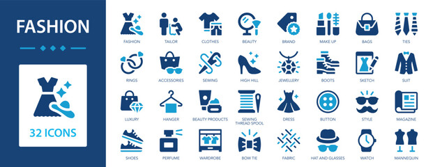 Fashion flat icons collection. Sewing, fabric, beauty, brand, dress, accessories, shoes, sketch, rings, style, beauty products, luxury sign set.
