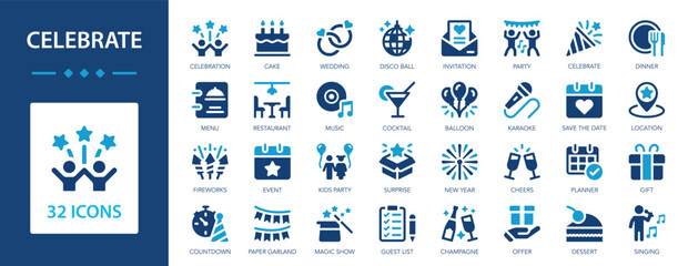 Celebrate flat icons collection. Party, dancing, entertainment, celebration, fireworks, holidays, surprise, balloon, cake, wedding, invitation, diner, karaoke sign set.