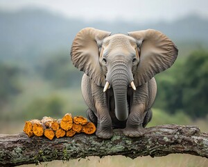 Young elephant sits atop a log, displaying playful posture