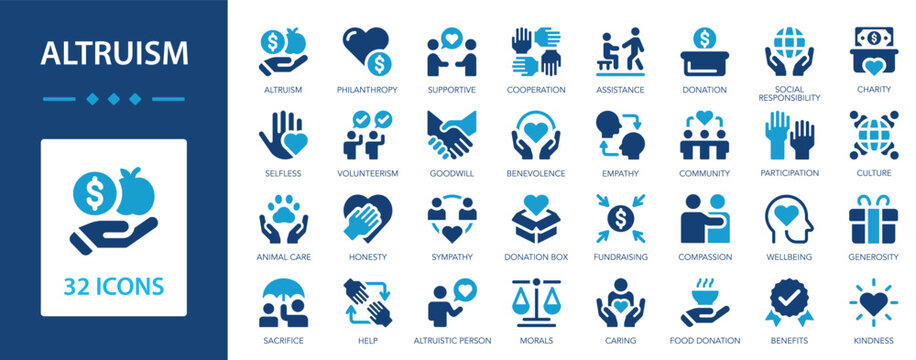Altruism flat icons collection. Philanthropy, charity, morals, animal care, generosity, donation, benevolence, empathy, selfless, compassion, help, cooperation, charity sign set.