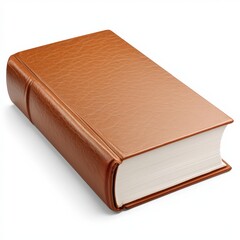 Obraz premium A thick, closed brown leather-bound book is placed on a white background.