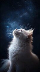 A majestic cat gazes at the cosmic night sky.