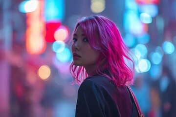 Naklejka premium A woman with pink hair gazing thoughtfully at the urban neon lights. The vibrant lights cast a colorful glow, and the woman turns to look at the city background 