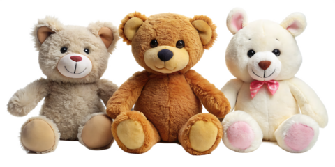 cutout set of 3 stuffed animal toys isolated on white background PNG