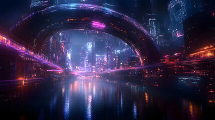 A digital neon landscape of a futuristic city on the water, with glowing bridges and high-tech structures reflected in the water below.